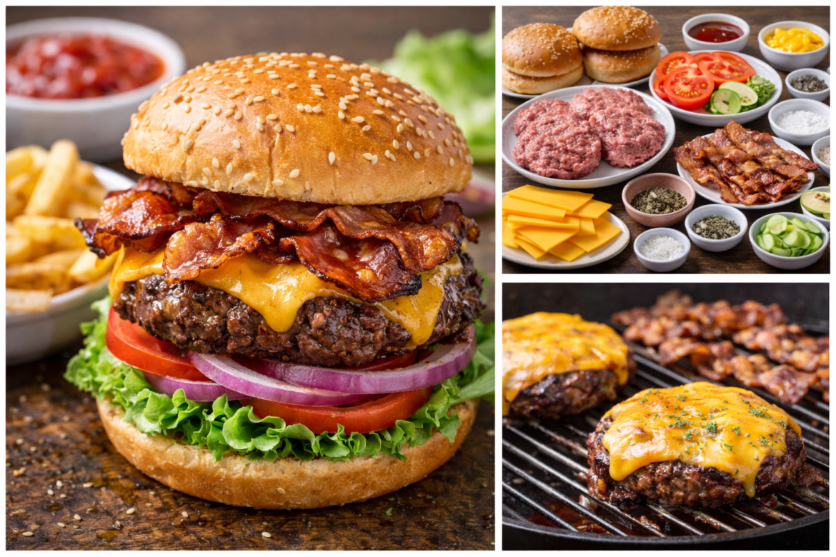 Grilled bacon cheeseburger with melted cheddar cheese and crispy bacon