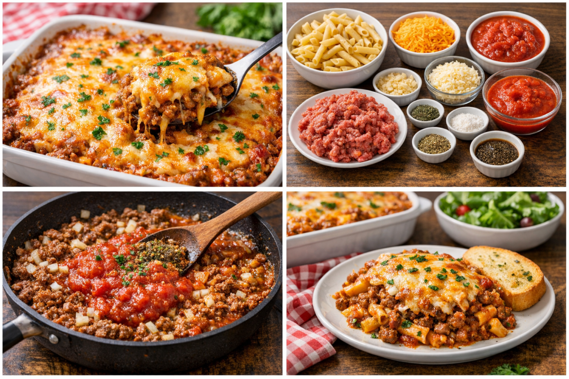 Cheesy ground beef casserole baked with pasta and tomato sauce