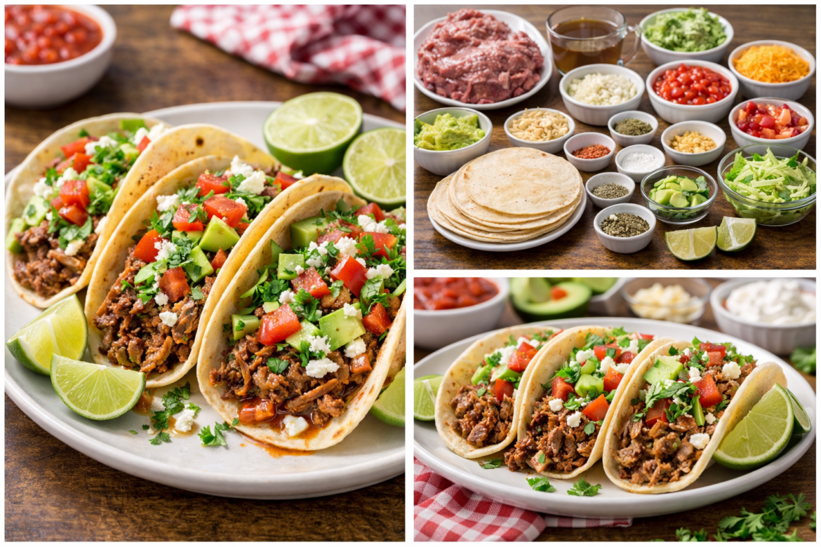 Chuck roll beef tacos served with fresh cilantro, tomatoes, and lime