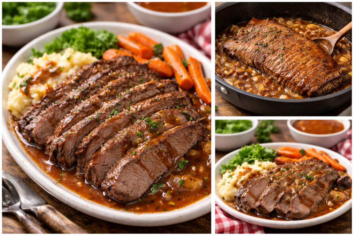 Slow cooked beef brisket sliced and served with rich gravy