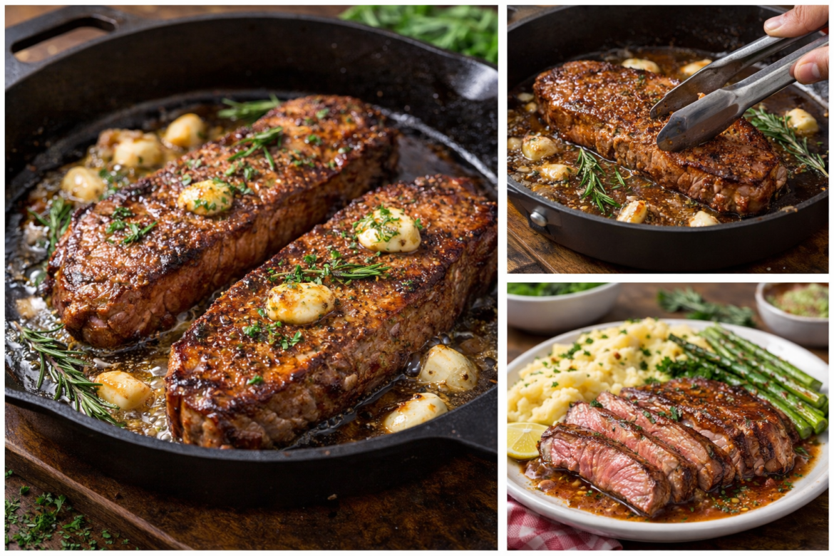 Pan seared New York strip steak with garlic butter in a cast iron skillet